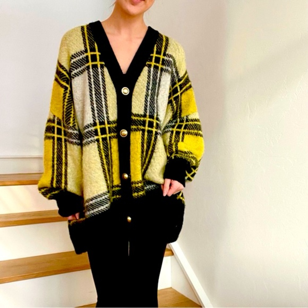 Zara Yellow Plaid Oversized Knit Cardigan with Gold buttons